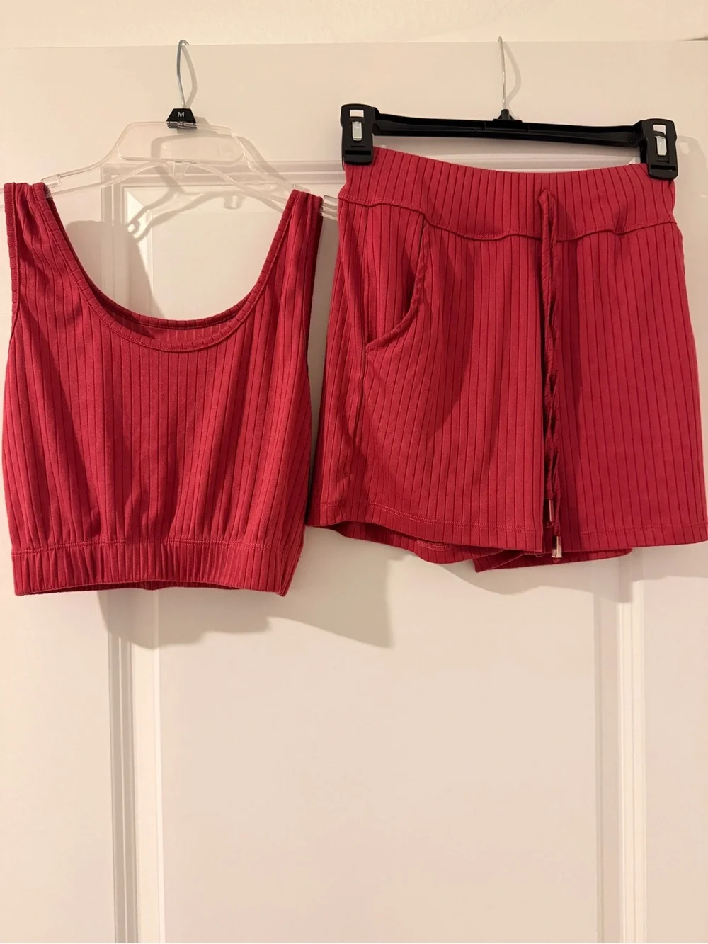 New Mix Ribbed Crop Tank and Drawstring Shorts Set in Red